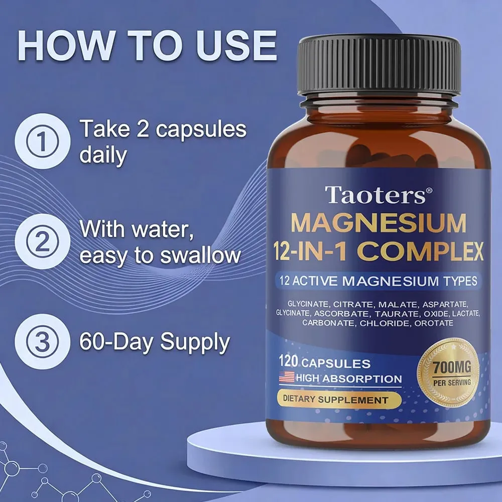 อาหารเสริมแมกนีเซียม 12-in-1 ที่ซับซ้อน – 700 มก. การดูดซึมสูง Glycinate Citrate Malate และ Taurate Blend สำหรับการนอนหลับของเส้นประสาทกล้ามเนื้อ