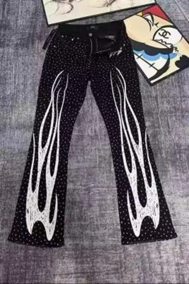 Punk Flame Streetwear Solid Casual Denim Trousers Stage Dancing Rhinestone Print Washed Black Baggy Jeans HipHop Casual Denim Pa