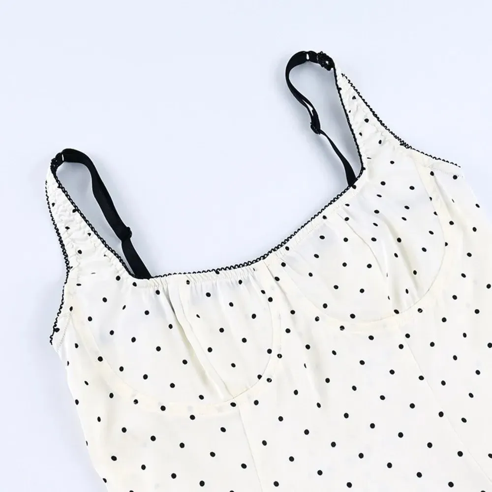 Street Chic Spaghetti Strap Polka Dot Tank Top Square Neck Slim Cropped Sleeveless Silk Vest Off-shoulder Lace Camis Female