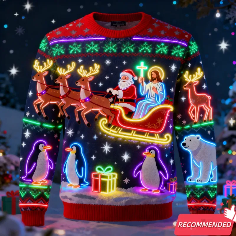 Pekeng Neon Light 3D Printed Ugly Xmas Sweater Para sa Babae Mga Damit ng Lalaki Maligayang Pasko Snowman Nakakatawa Santa Jesus Pullovers Tracksuit
