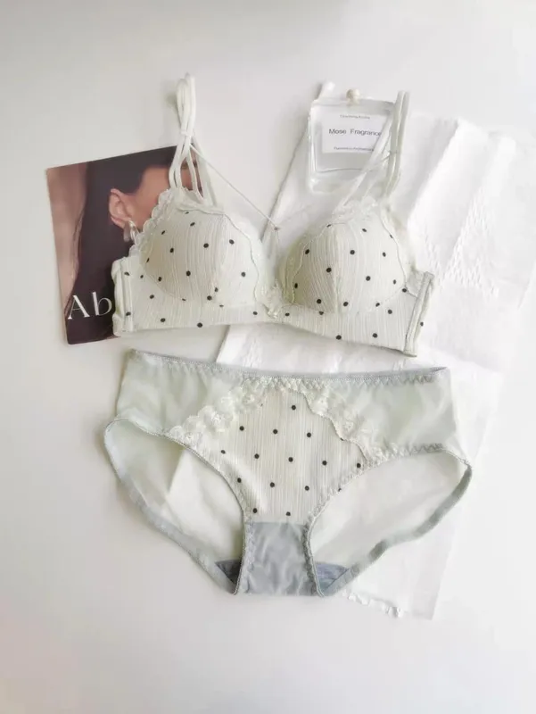 Elegant Japanese Polka Dot Bra & Brief Set Push Up Plunge Small Bust Lift Support Anti Sag Side Coverage Adjustable Comfort