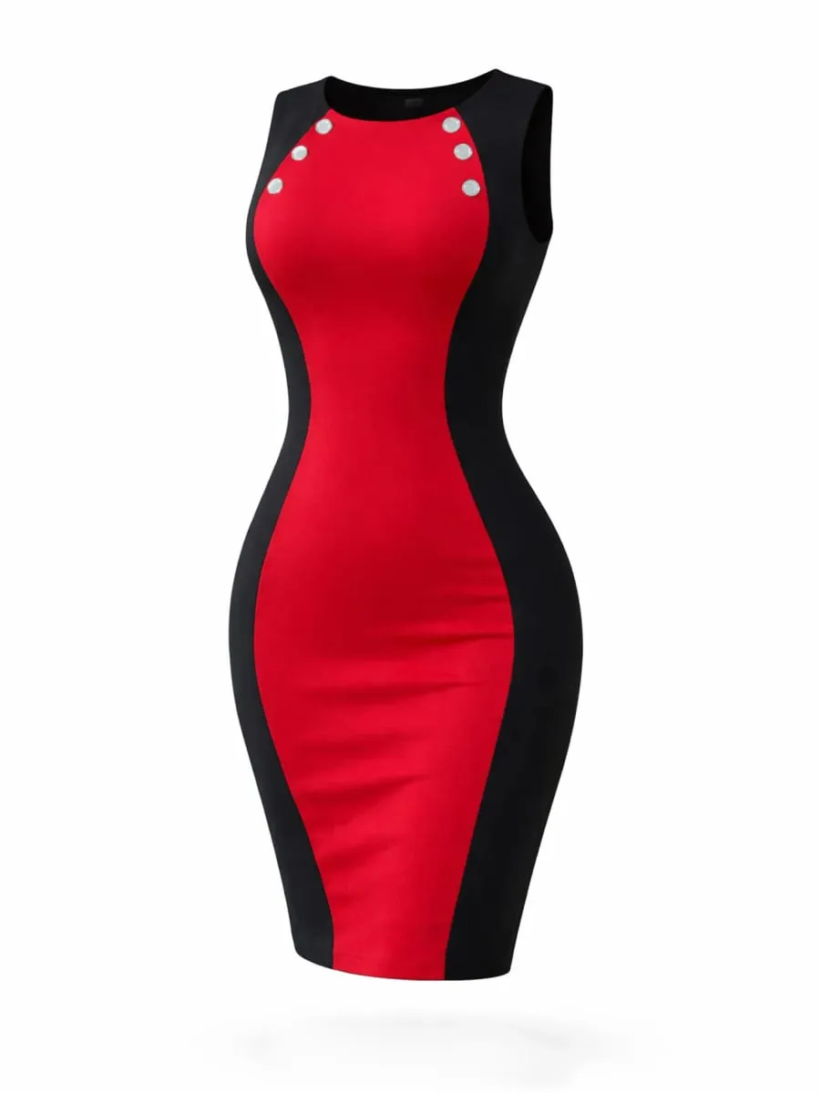 Women Elegant Color Block Round Neck Sleeveless Summer Office Work Knee Length Bodycon Dress Slim Fit Patchwork Pencil Dress — image 3