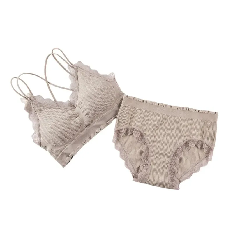1Set Casual Lace Women Seamless Bra Set V-Neck with Bra Pads Lingerie Set Comfortable Breathable Underwear Set