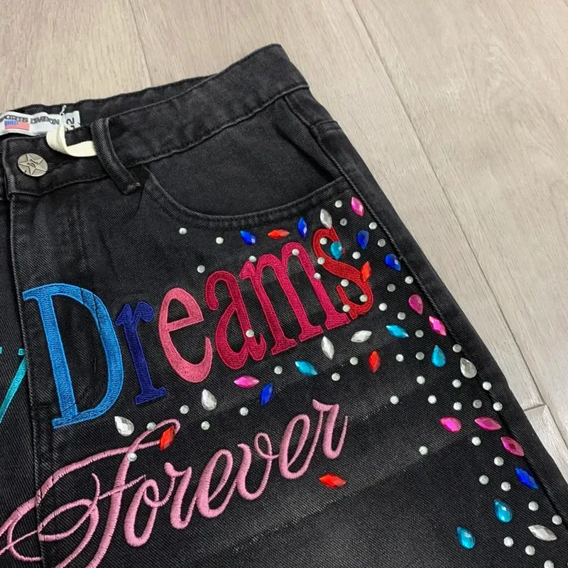 2026 Latest Style VALLEY Shiny Diamond Logo Denim Shorts Vintage Washed Men Women High Quality Fashion Skinny Jeans
