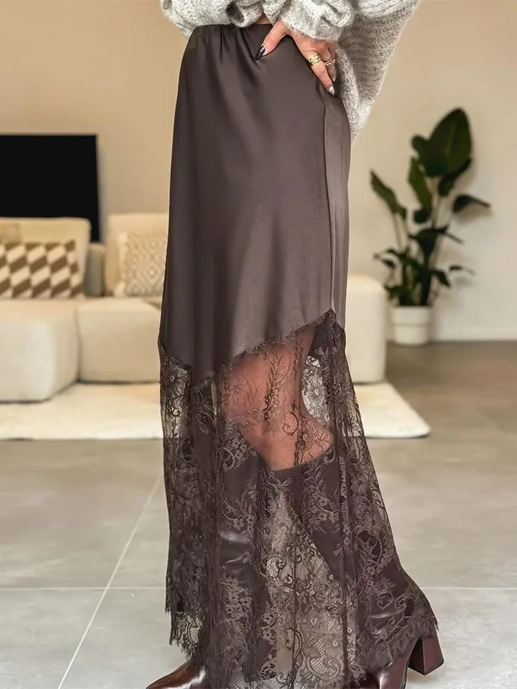 2025 Sexy Patchwork Lace Skirts Women Elegant See-through Long Skirt Casual Lady New Party Summer Evening Street Daily Midiskirt — image 6