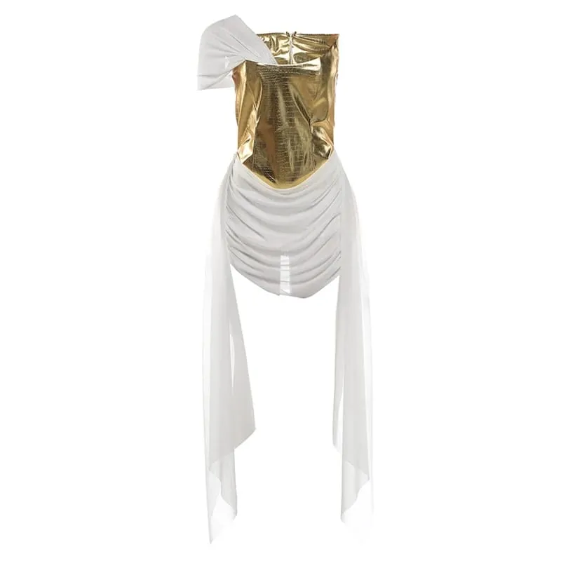 Weird Puss Patchwork Corset Dress Women Zip Irregular Tassel Mesh Ribbon One-Shoulder Birthday Stretch Clubwear Mini Bodycon