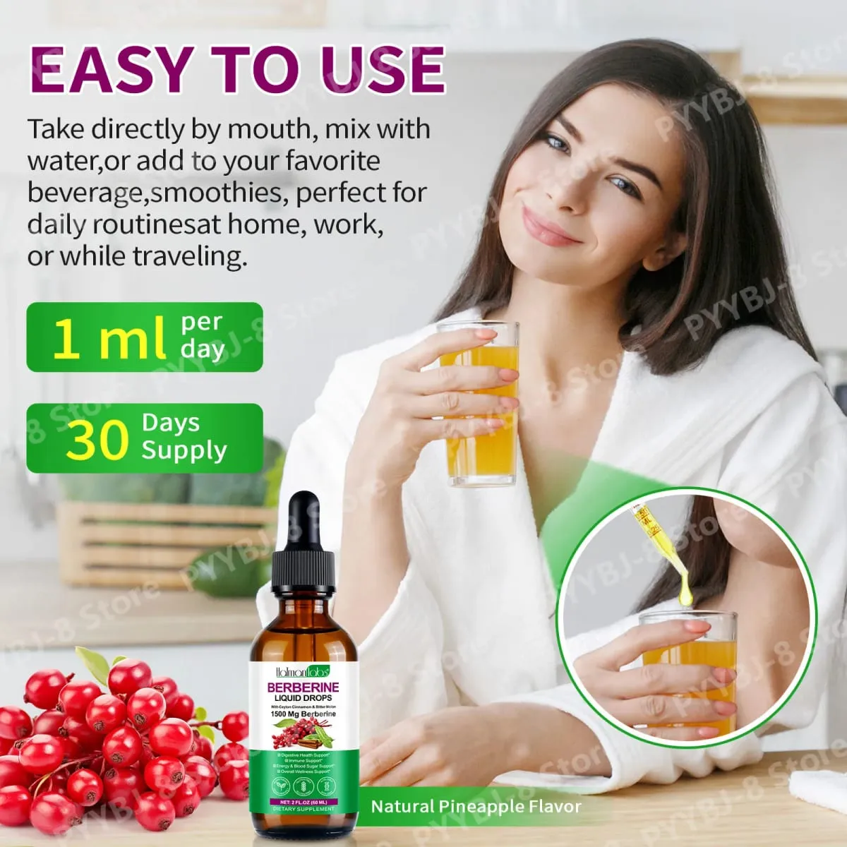 Holmanlabs Berberine Liquid Drops with Ceylon Cinnamon and Bitter Melon Digestive Health Support 1500 Mg Vegan Non-GMO 60 ML