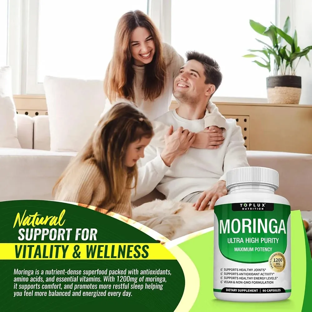 Moringa Capsules 1200mg - Pure Moringa Powder Oleifera Leaf Superfood Rich in Antioxidant Skin Health & Immune Support Vegan