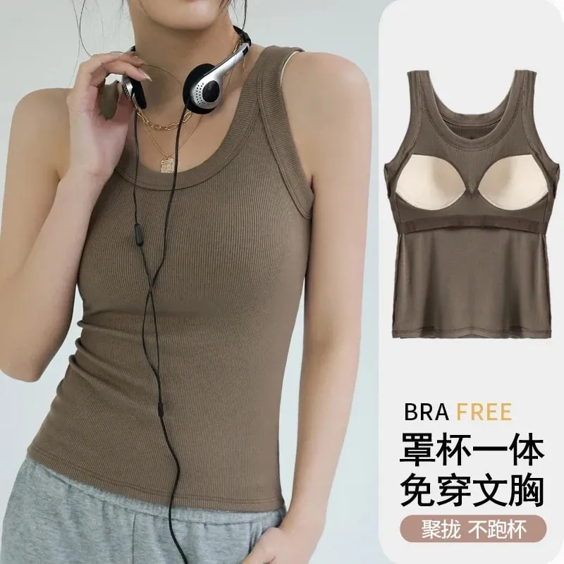 New Women Solid Round Neck Ribbed Tank Top Camisole Women Summer Basic Elastic TankTop One-piece Vest with Chest Pad Y2k