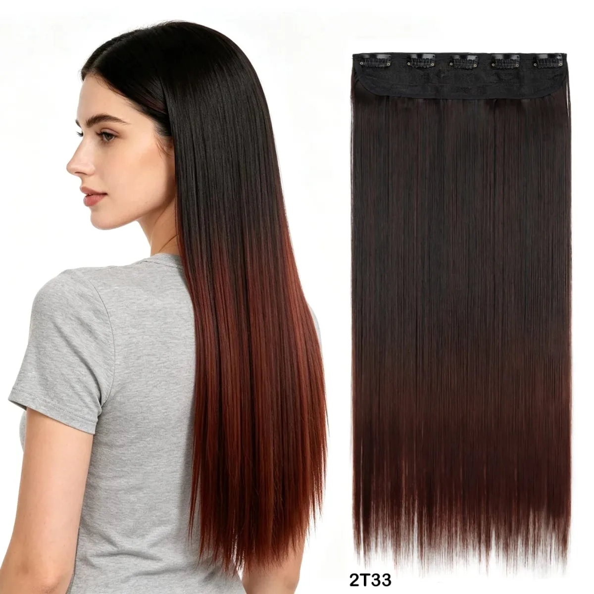 One Piece 5 Clips Long Straight Synthetic Clip In Hair Extension Ombre Gradient Color Hairpiece For Daily Party
