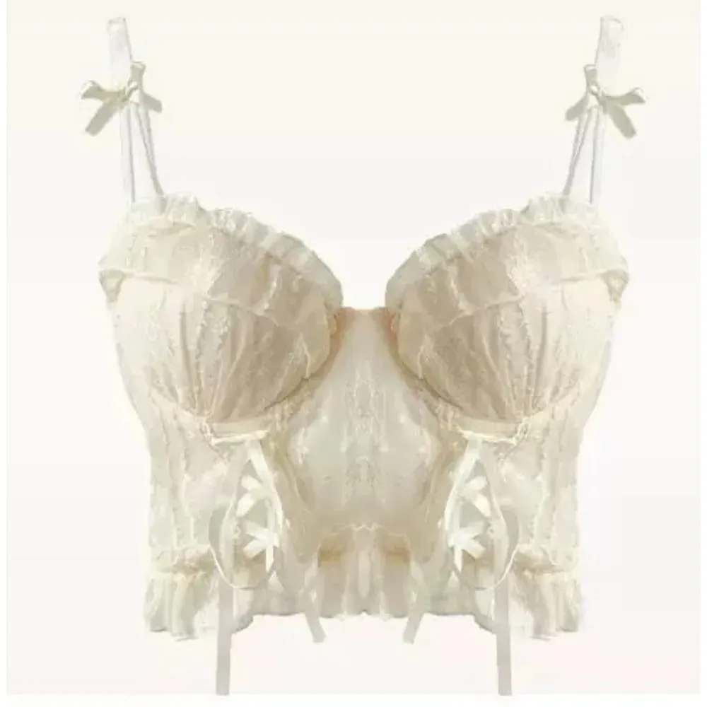 Sweet Lace Push Up Bra Set For Lady Small Bust Ruffle Mesh Cross Bandage Strappy Sexy Pure Desire Lingerie Underwear — image 6