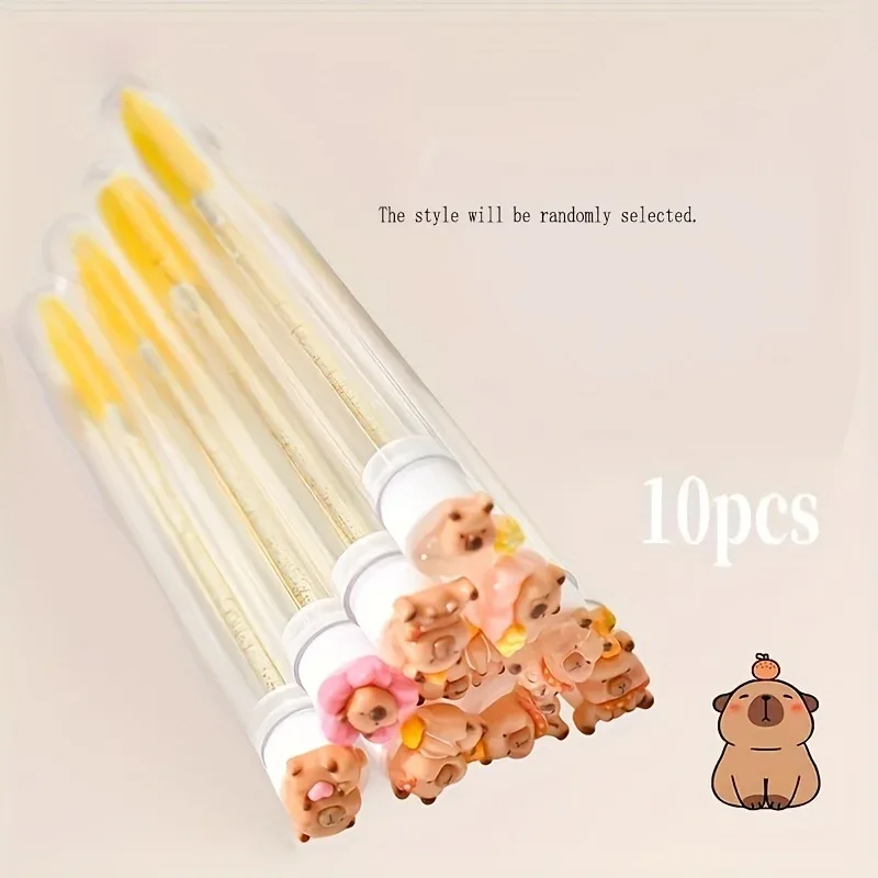 10pcs per pack Eyelash Extension Brushes -Cute Kapibara Design Oval Shape-Reusable Nylon Bristle Heads with ABS Plastic Handles