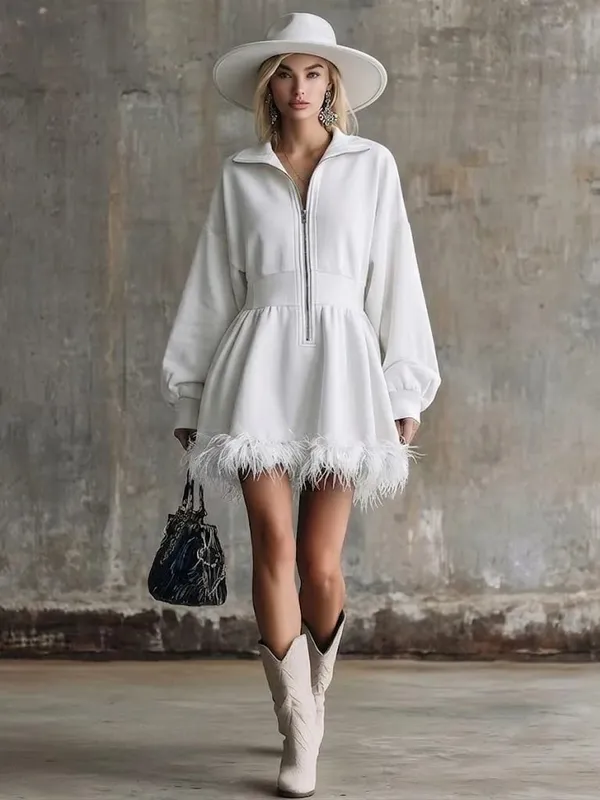 Fashion Dress Autumn Winter Casual Solid Color Simple Street Style Long Sleeved Zipper V-neck Feather Edge Cinched Waist Dresses