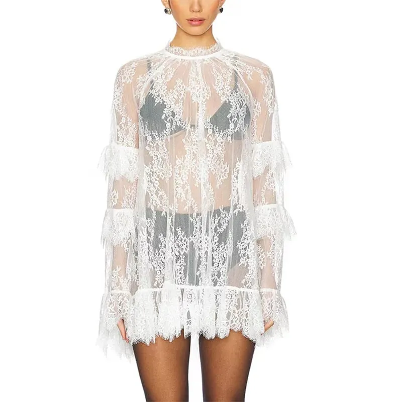 Women's See Through Lace Dress Long Sleeve Crew Neck Casual Loose Sheer Dress Vacation Beach Cocktail Mini Dresses — image 3
