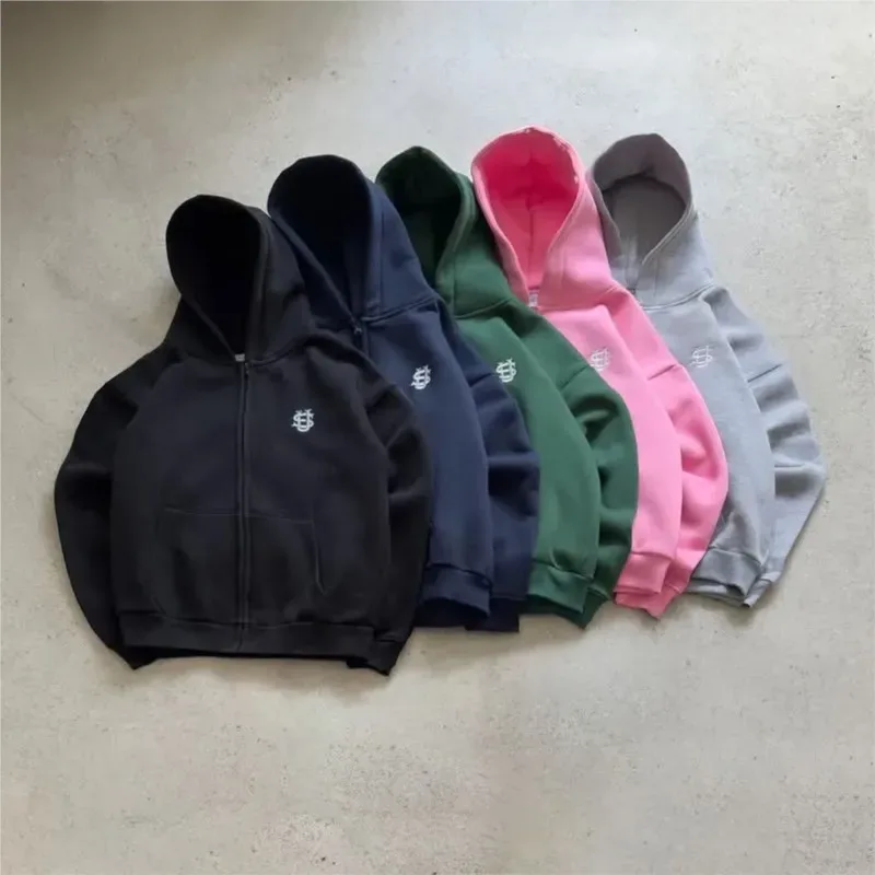 Y2k High Street Zip Embroidery Pattern Men's Hoodies Oversized Loose Sweatshirts Pullover Women Hip Hop Zip Hoodie Vintage Pants