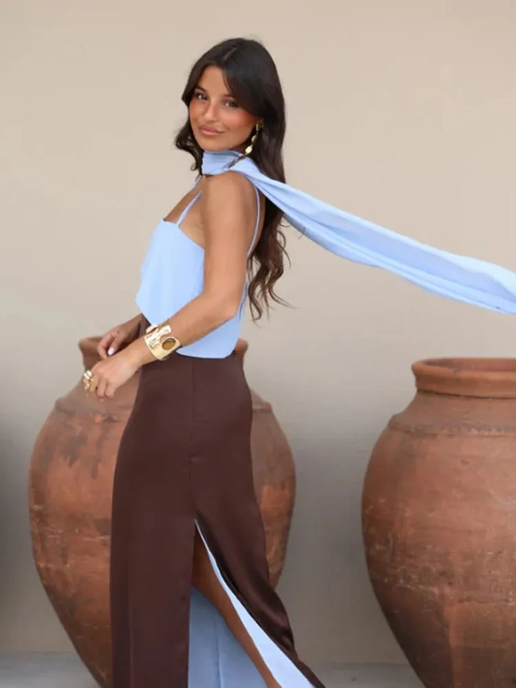 Fashion Contrasting Sling Dress Women Square Neck Sleeveless High Waist Slim Maxi Dress With Scarf 2026 Summer Lady Party Robe — image 7