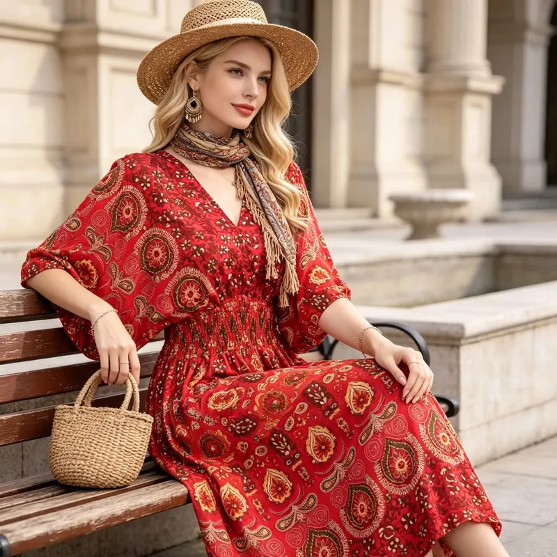 Boho Holiday Women V-Neck Batswing Short Sleeve A-Line Midi Dresses Slim Elastic Waist Casual Vintage Office Lady Elegance Dress
