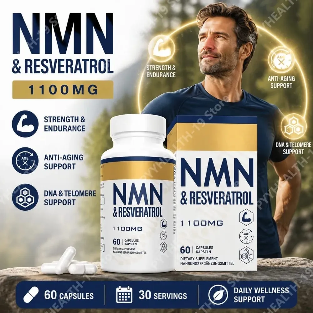 NMN & Resveratrol Supplement – 1100mg Capsules for Cellular Health DNA & Telomere Support with Black Pepper Extract – 60 Ct — image 1