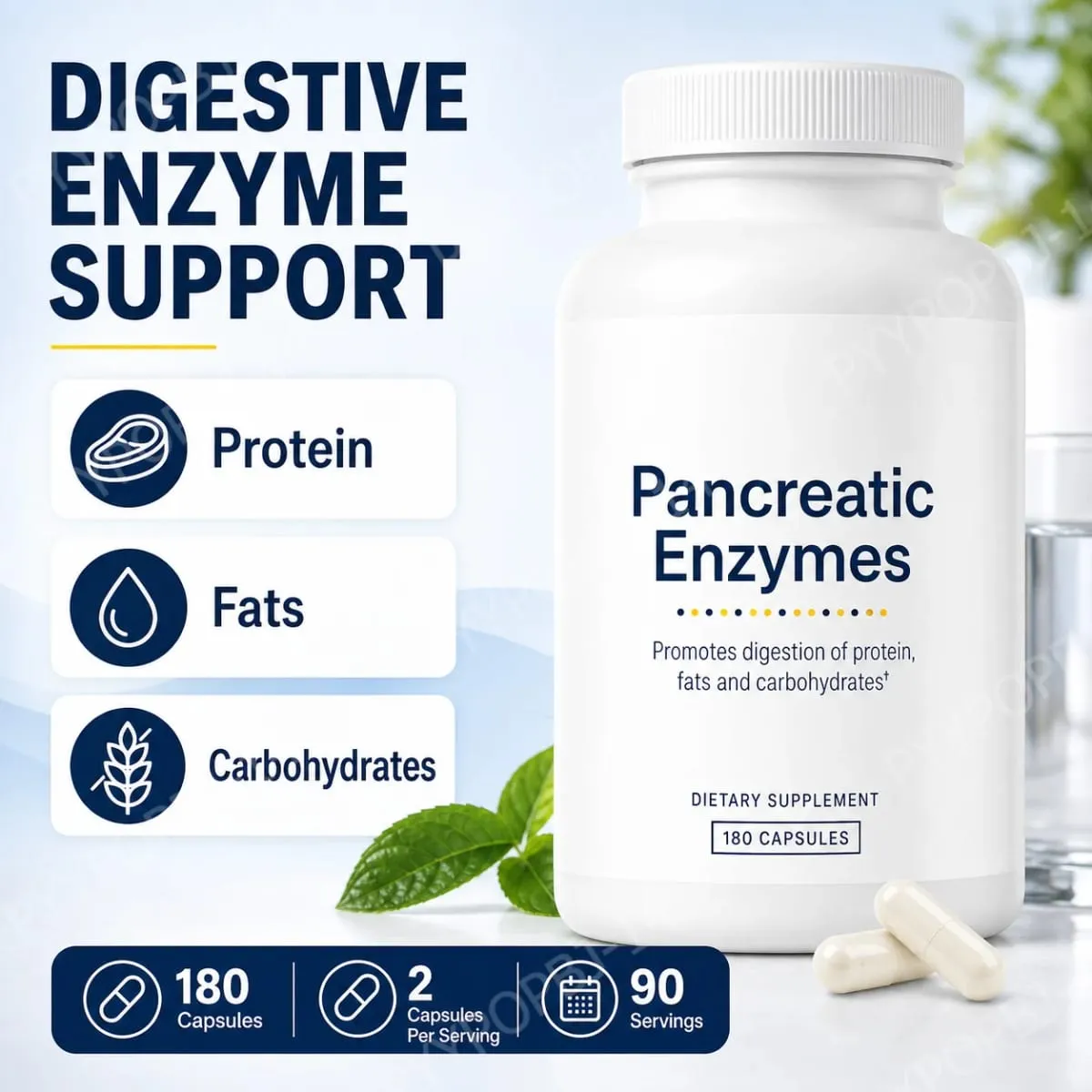 Digestive Enzyme Supplement 180 Capsules Pancreatic Enzyme Blend Protease Amylase Lipase Supports Protein Fat Carb Digestion
