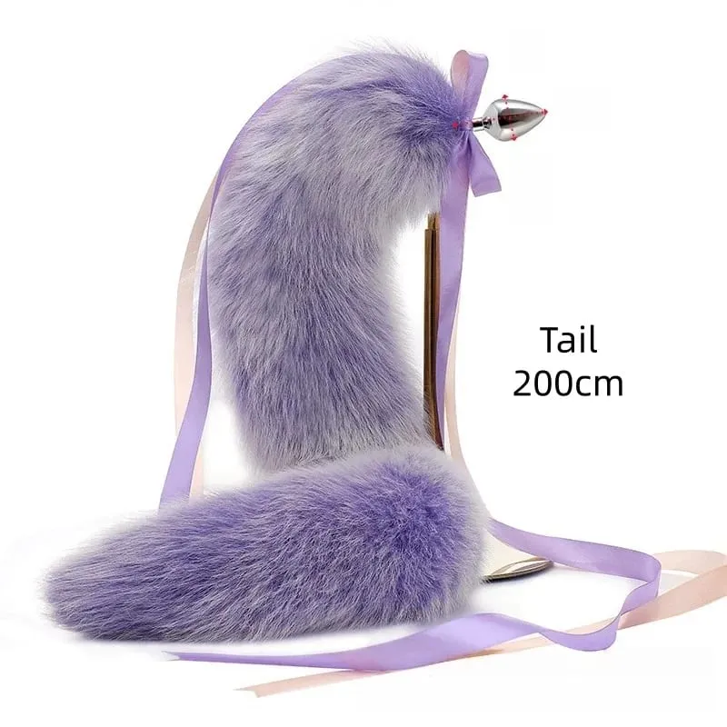 200cm Soft Real Fur Fox Tail Anal Plug with Split Design Metal Butt Plug for Women Cosplay Costume Flirt Sensory Sex Toys