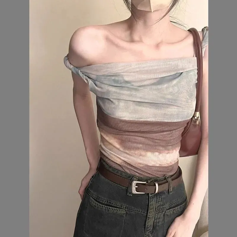 Irregular Net Strap Dyed Off-Shoulder Top for Women Summer American Print Vest Fashionable Versatile Sexy Fitted Short Style