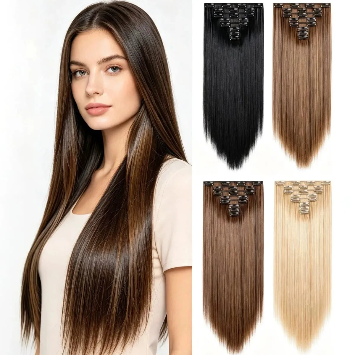 24 Inch 8 Pcs Clip In Hair Extension Straight Hair Extensions for Women Daily Wear Work & Casual Styling Synthetic Hair Pieces