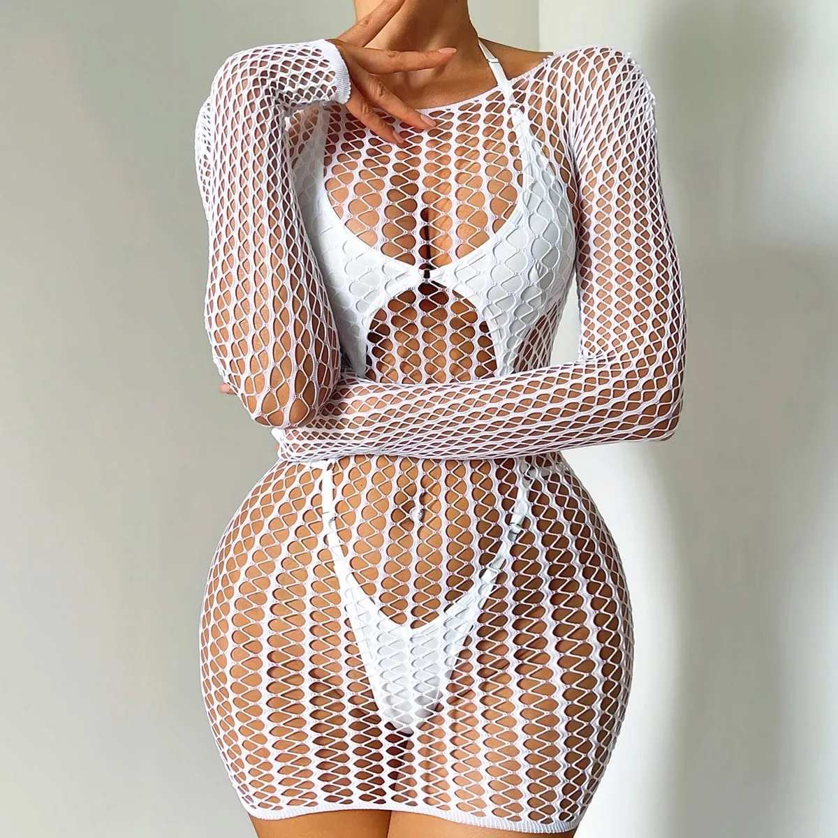 2026 Fashionable and Sexy Spicy Girl Hanging Neck jumpsuit with Fishing Net Sexy Body Shaping Bag Hip Skirt