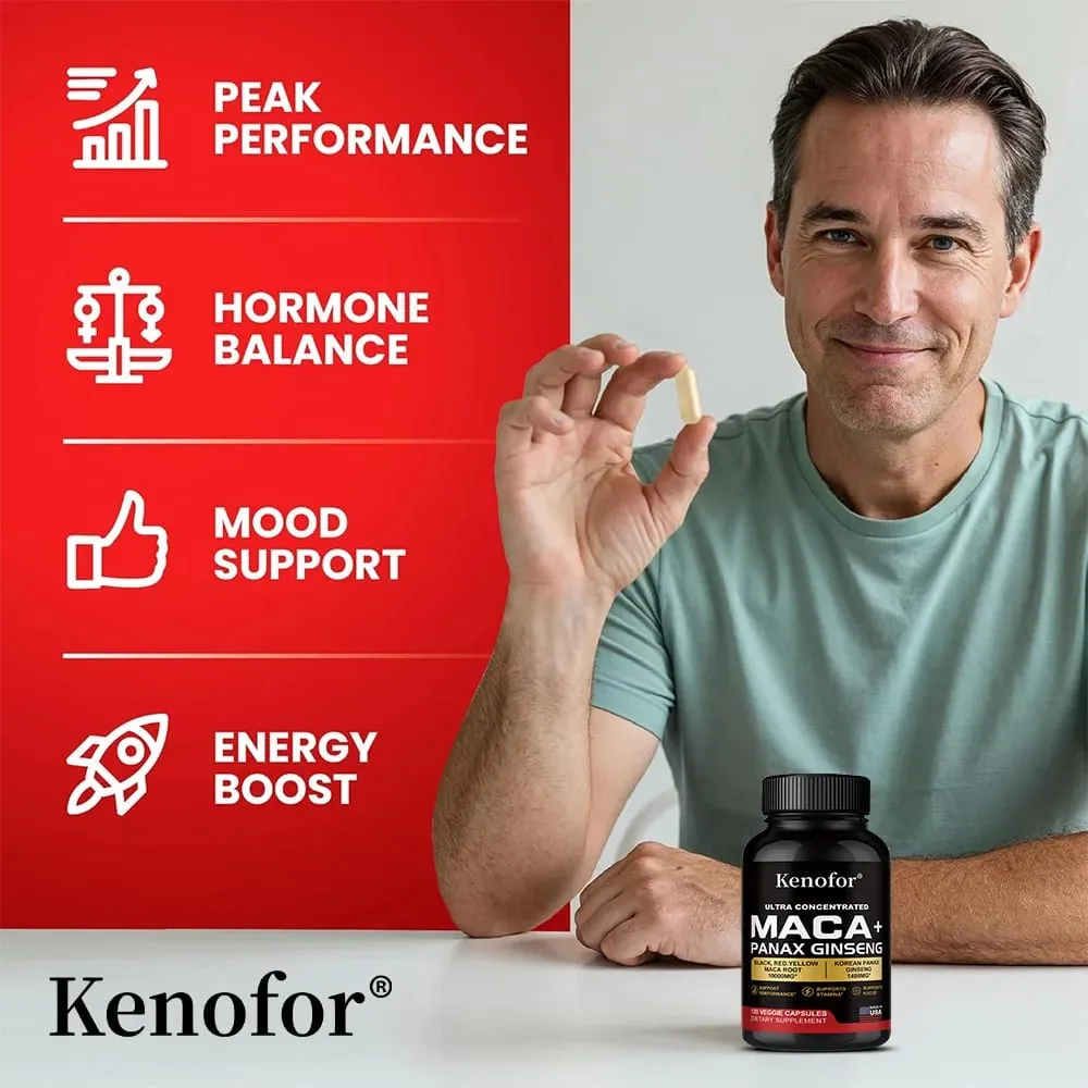 Organic Peruvian Maca Root Capsules - Black+Red+Yellow Blend for Energy & Performance Vegan Non-GMO Supplement for Men & Women