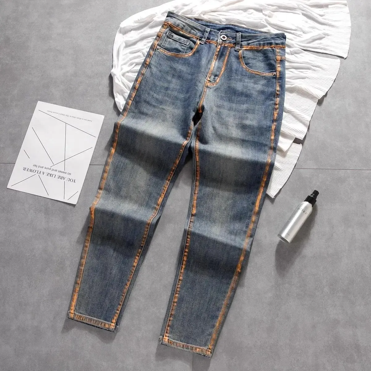 New Trousers Design Small Feet Elastic Slim Jeans High-end Casual Pants New Korean Work Original Paint Printing Trousers Man