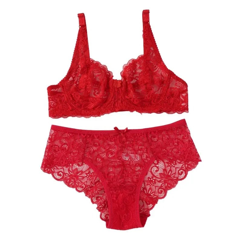 Sexy Lace Bra Set Women Push Up Non-pad Breathable Underwire Thin Solid Panties Underwear Exquisite Lingerie Daily