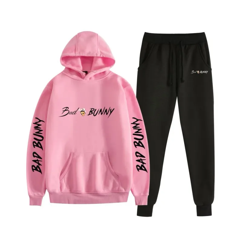 Harajuku Comfortable bad bunny Print Sweatshirt Sweatpants Suit Women's Hoodies+ Trousers Suit Boys/Girls 2 Piece Set Clothes