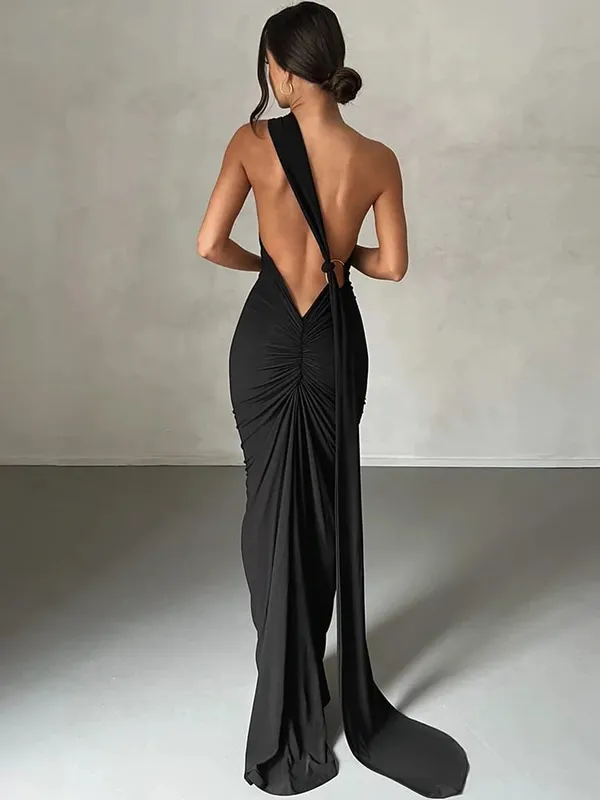 Hugcitar Eine Schulter, rückenfrei, verstellbar, mit Schal, Schleife, gerafft, sexy Maxikleid, 2025, Damen, elegantes Y2K-Streetwear-Festival-Outfit
