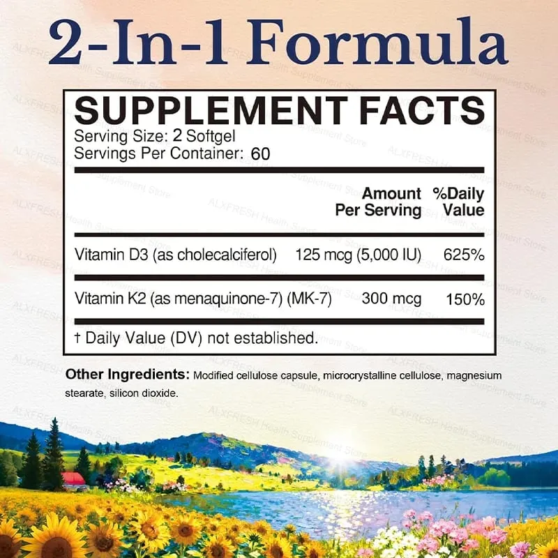 D3K2 Vitamin Capsules 5000 IU 300 mcg for Calcium Absorption Bone Teeth Immune & Heart Health Non-GMO — image 5
