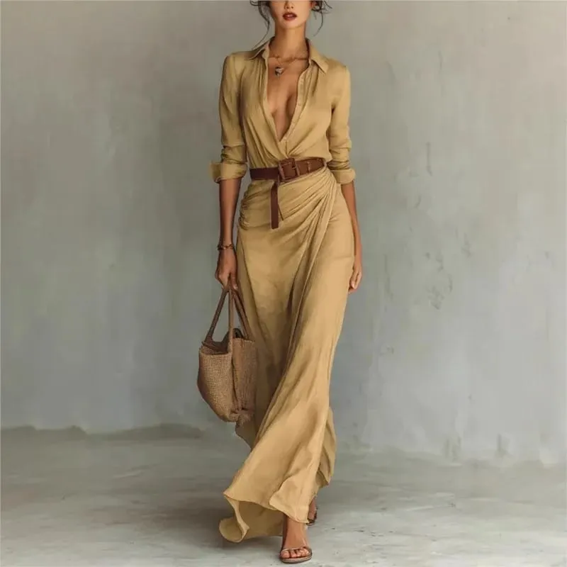 Women's Fashion Solid Holiday Party Dress Elegant Lapel Button Draped Long Dress Casual Long Sleeve Match With Belt Shirt Dress — image 4
