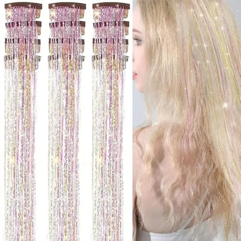 Red Hair Tinsel 12Pcs Clip in Hair Tinsel Kit 22Inch Tinsel Hair Extensions Christmas Hair Tinsel Party Festival Accessories