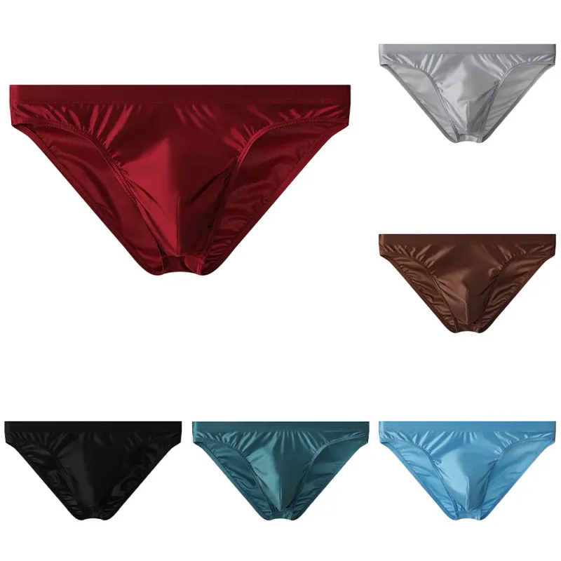 Luxusní hnědé saténové pánské bikiny kalhotky s vysokým elastickým pasem Hladké lesklé spodky s 3D obrysovým váčkem Prodyšné intimky — image 9