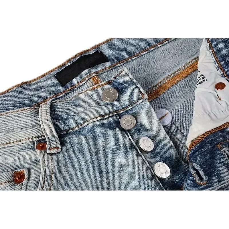 Men's Large Knee Ripped Slim Tapered Jeans Vintage Light Blue Wash Frayed Edges Button Fly High Street Style