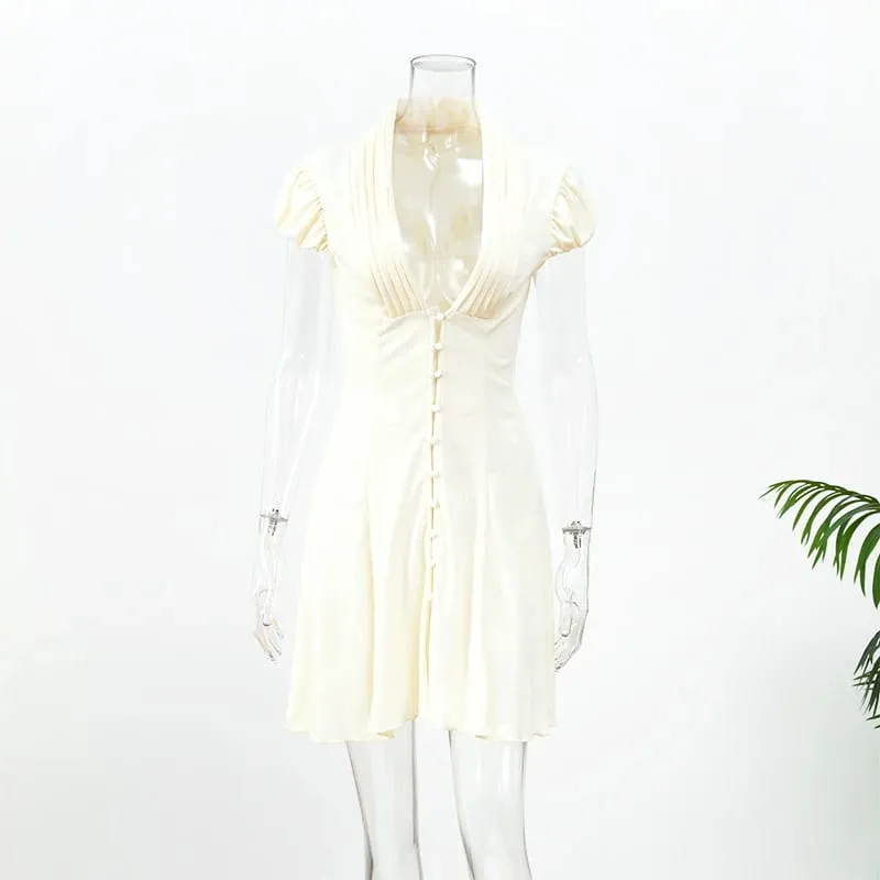 White Polka Dot Slim Women Summer Dress Solid Deep V-neck Puff Sleeves Pleated Front Button Short Dresses 2026 Lady Daily Wear — image 6