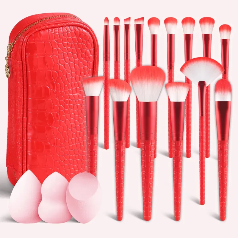 15Pcs Complete Makeup Brush Kit with Bag & 2 Beauty Sponges Face Eye Brushes for Beginners & Artists
