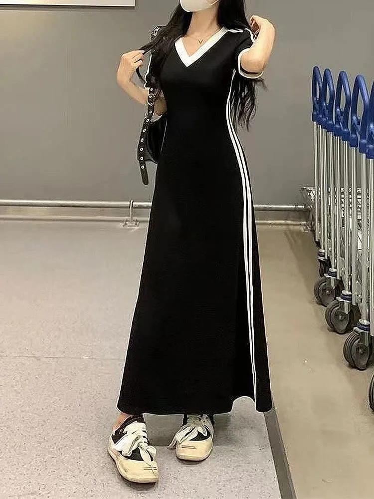 Women Autumn Midi Dress Fashion Patchwork V-Neck Short Sleeve Black Long Skirt High Waist A-Line Dress Sports Ankle-length Dress