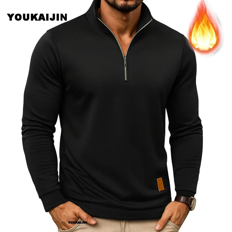 Men Sweatshirts Spring Thicker Pullover Quarter Zipper Pullover for Male Hoody Outdoor Sweatshir Autumn Solid Color Turtleneck — image 2