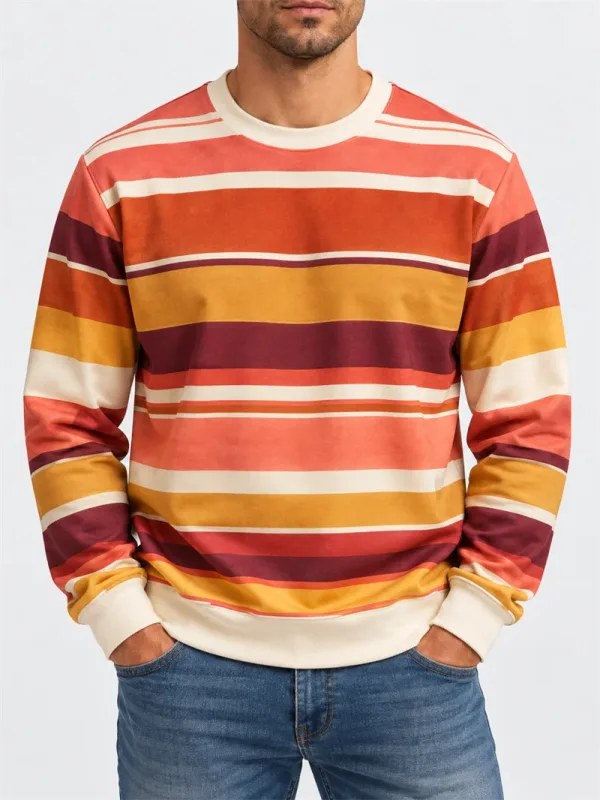 Moletom masculino listrado vintage, gola redonda, casual, manga comprida, pulôver, bloco de cores, outono, moda diária, top clássico