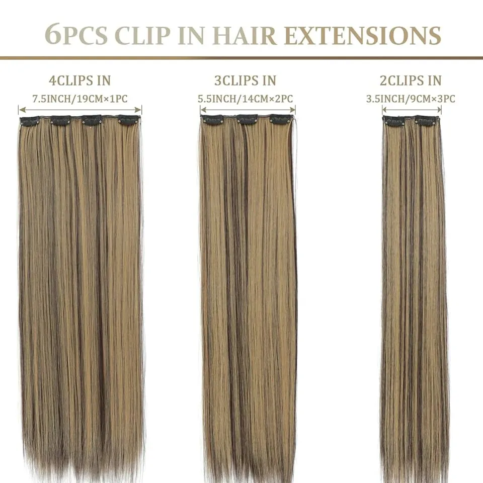 6Pcs/Set Clip In Hair Extension Synthetic Highlights Blonde Long Straight Hairpiece Full Head Thick Hairpieces for Women Girls