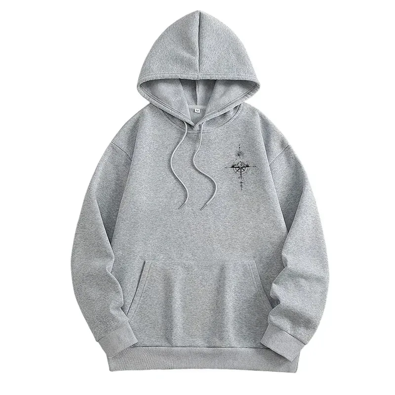 Vintage Compass Print Hoodies for Men High Quality Hooded Long Sleeve Pullover All Season Daily Casual Sports Tops Men's Clothes