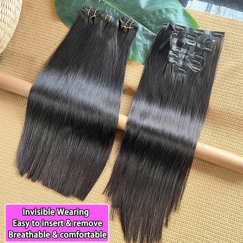 Double Drawn Straight Clip Ins Human Hair Extensions #1B Natural Black Color 100grams 7Pcs/Set Seamless PU Weft Clips in Hair