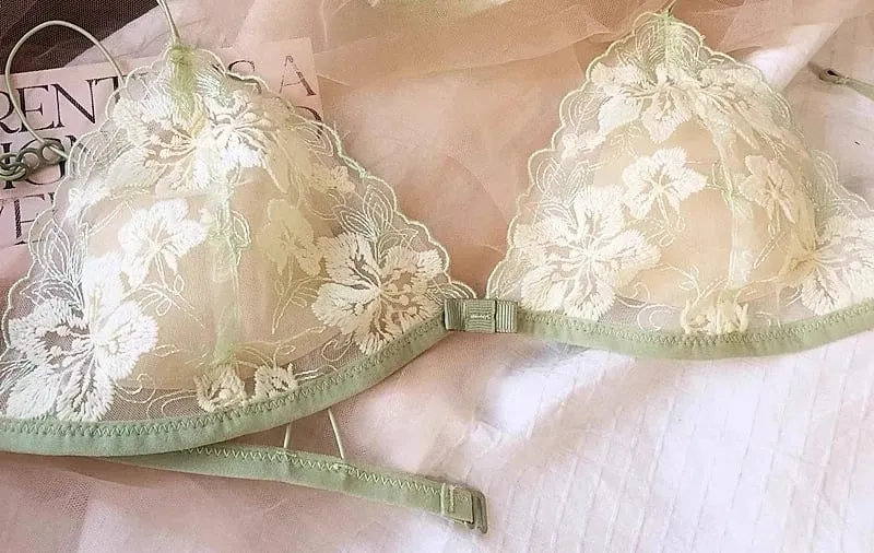 ภาษาฝรั่งเศสคำ Niche ชุดชั้นในชุดปักตาข่ายสามเหลี่ยมถ้วยไร้สาย Bralette Retro ลูกไม้บางเซ็กซี่สบาย Bra USA Tushy MOYISU