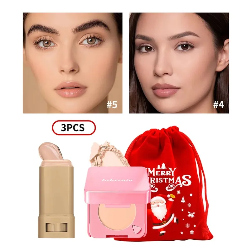 3Pcs Foundation Stick Face Pressed Powder Compact with Christmas Drawstring Bag Long Lasting Matte Face Cosmetic Christmas Gift