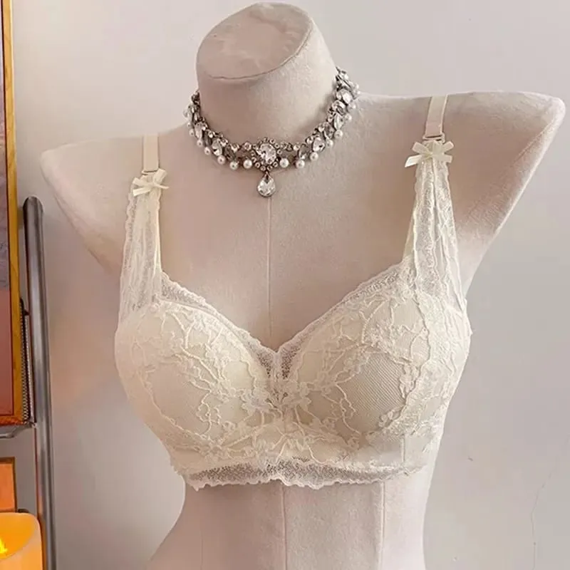 Female Halter Style Bow Lace Bra Padded Push‑Up No Underwire Soft Inner Wear Lingerie for Small Bust Daily Wearセクシーな