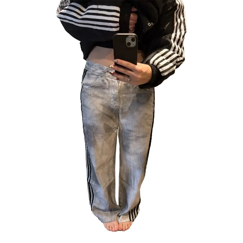 Y2K Baggy Jeans Retro Men's Gray Embroidered Striped Harajuku Sweatpants Women Hip Hop Streetwear Old Washed Wide Leg Denim Pant