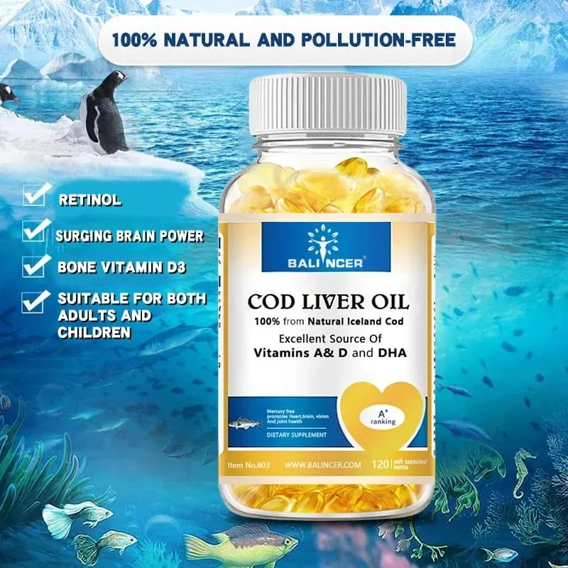 Cápsulas gelatinosas naturais de óleo de fígado de bacalhau - ricas em ômega-3 EPA DHA vitamina A D - apoiam a saúde imunológica das articulações e dos olhos do coração, cérebro